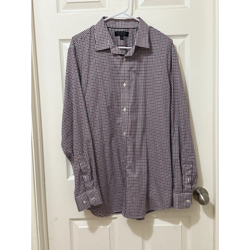Banana Republic Button Up Shirt Tailored‎ Standard Fit Red White Blue Sz Large L